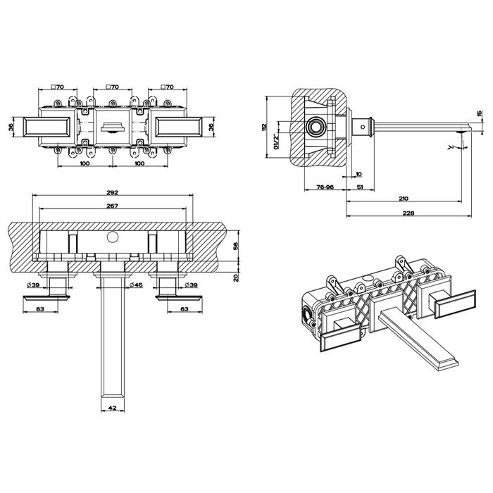 Gessi Eleganza Встраиваемый смеситель для раковины на 3 отверстия, без донного клапана, с изливом(внешние части), цвет: шлифованное золото