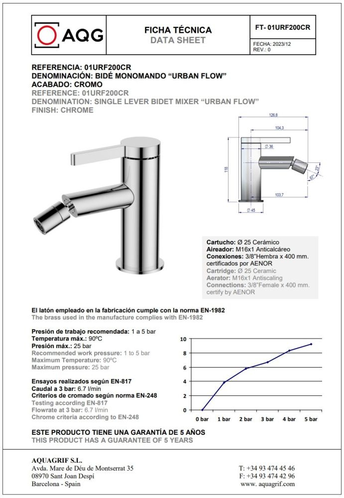 AQG Urban Flow, однорычажный смеситель для биде без донного клапана, цвет хром