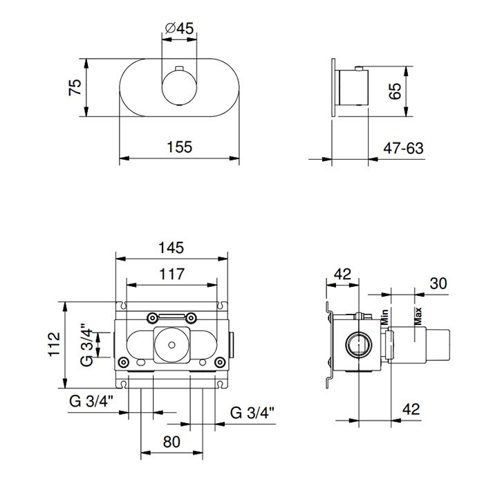 FANTINI ICONA CLASSIC Смеситель настенный встраиваемый, термостатический, внешняя часть, цвет черный матовый