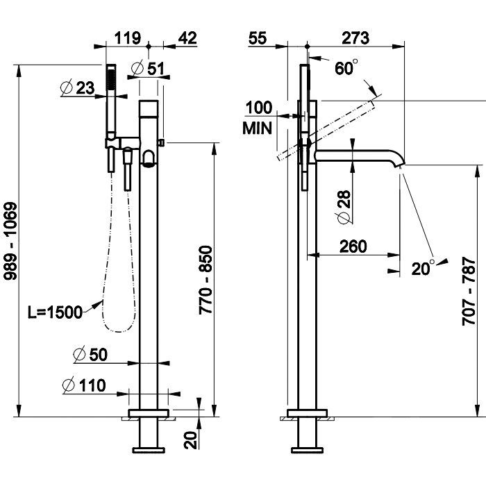 GESSI HABITO INTRECCIO Смеситель для ванны напольный, однорычажный, цвет Finox Brushed Nickel (без внутр части)