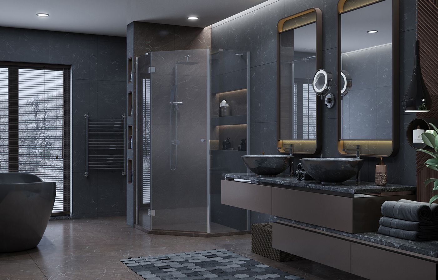 Душевой уголок Ambassador Diamond 12011111L-ST3, пятиугольный, линейный трап, 90х90