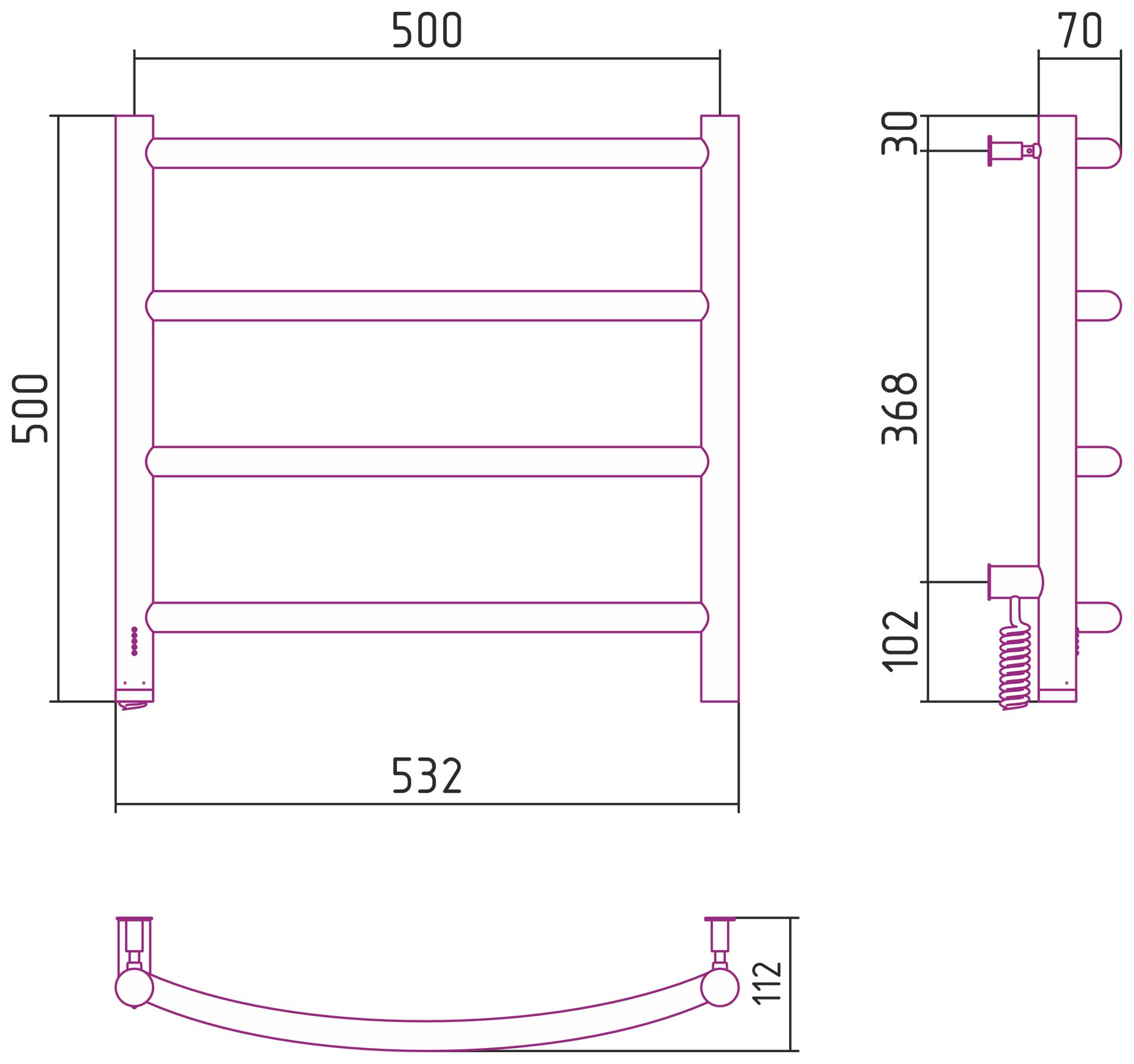 Полотенцесушитель, Сунержа, Галант 4.0, электрический, ширина, мм-532, высота, мм-500, подключение-слева, нагревательный элемент-греющий кабель, мощность, Вт-72, материал-нержавеющая сталь, цвет- черный матовый