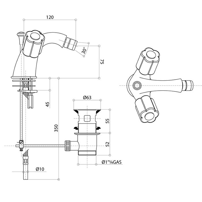 Bongio Fleur Blanc Смеситель для биде с донным клапаном, цвет золото/белый фарфор