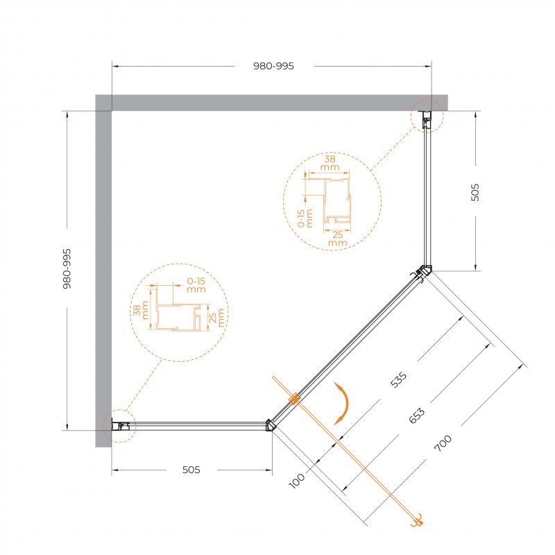 ECO-O-P-1-100-P-Cr Душевой уголок, артикул ECO-O-P-1-100-P-Cr