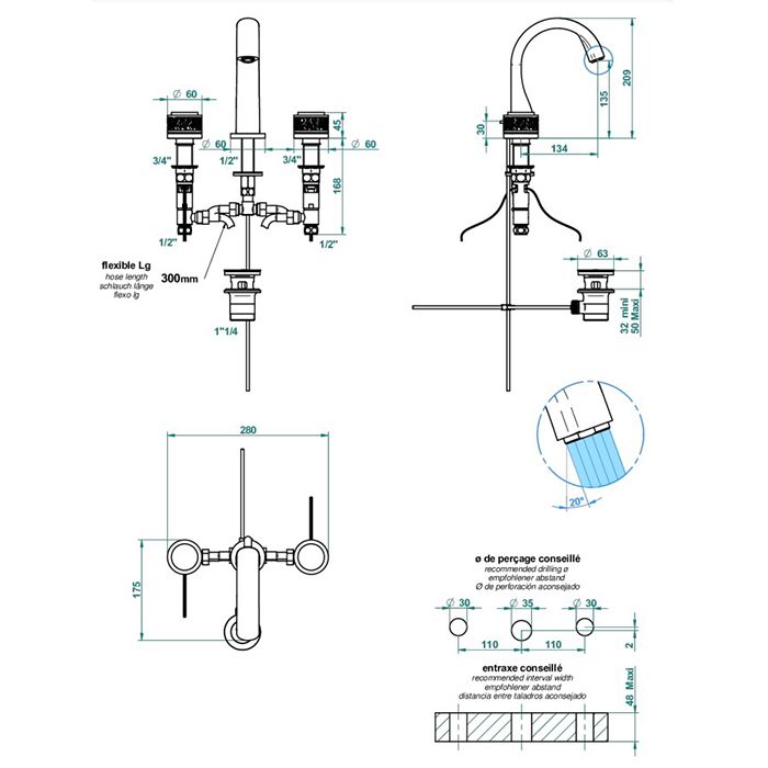 THG PARADISE Смеситель для раковины на 3 отверстия, ручки с подсветкой, с донным клапаном, цвет хром THG PARADISE Смеситель для раковины на 3 отверстия, ручки с подсветкой, с донным клапаном, цвет хром