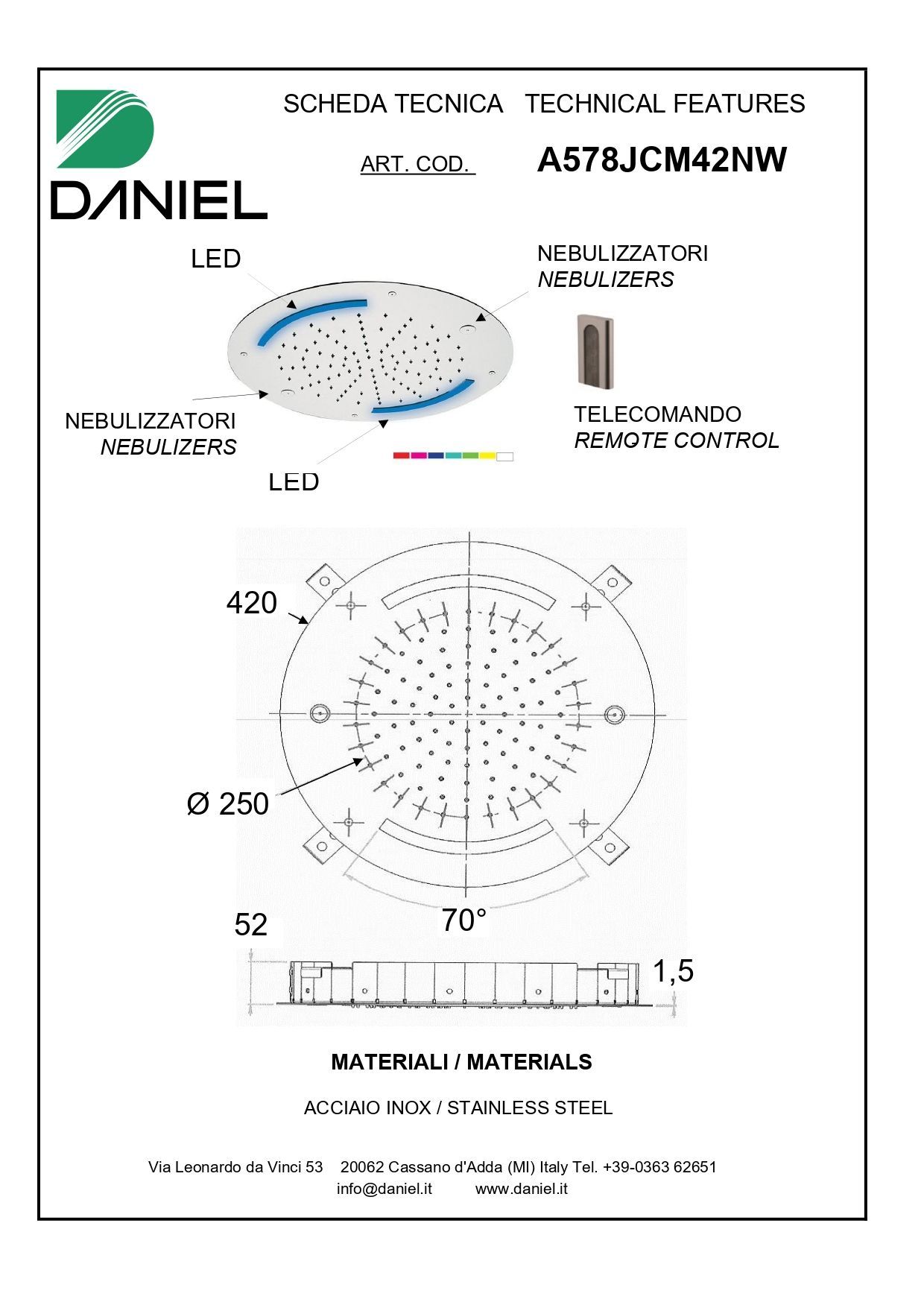 Daniel, потолочная лейка для душа (3х режимная) с 7 цветной светодиодной подсветкой, диаметр 420 мм, цвет хром
