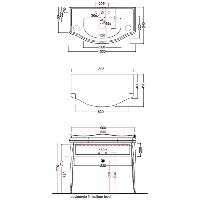 KERASAN Retro 7363K8, база 100см, под раковину 1050, цвет: белый глянц, ножки (арт.736291): золото, ручки: кристалл/кольцо-золото (упаковка-2 коробки), артикул 7363K8