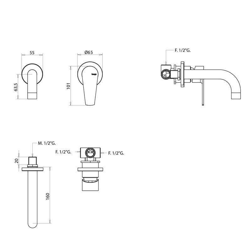 Bongio Pi7 Встраиваемый смеситель для раковины, излив 160 мм, цвет хром