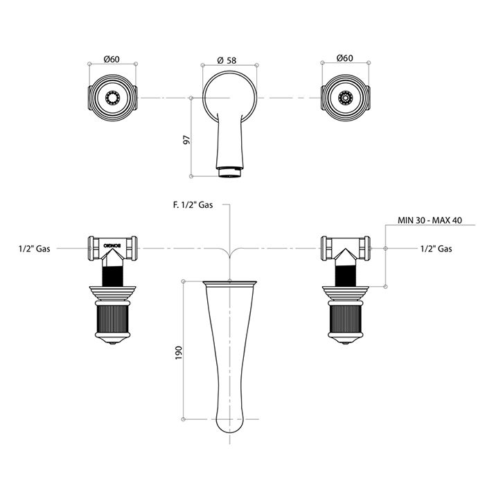 Bongio Impero Смеситель встраваемый для раковины с изливом 190мм, цвет хром/Blue and Red Swarovski