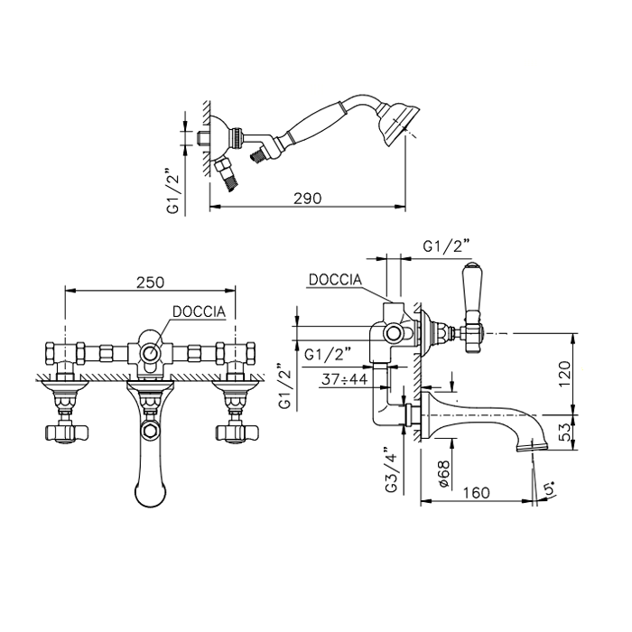 Nicolazzi Dames Anglaises Смеситель для ванны с 2мя ручками, встроенный, излив: 160мм, вкл. внутр часть + комплект руч. Душа, цвет: хром