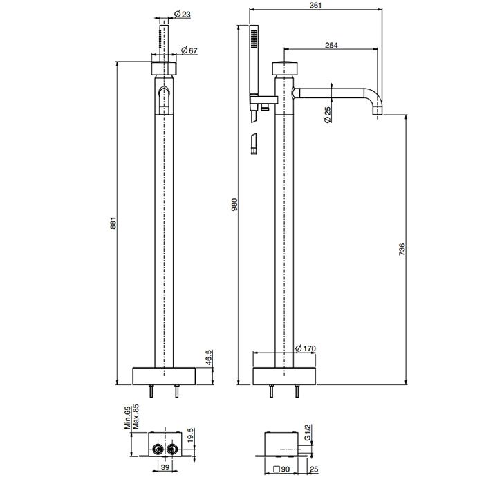 Fima Carlo Frattini So Смеситель для ванны, напольный, с ручным душем, цвет: чёрный матовый