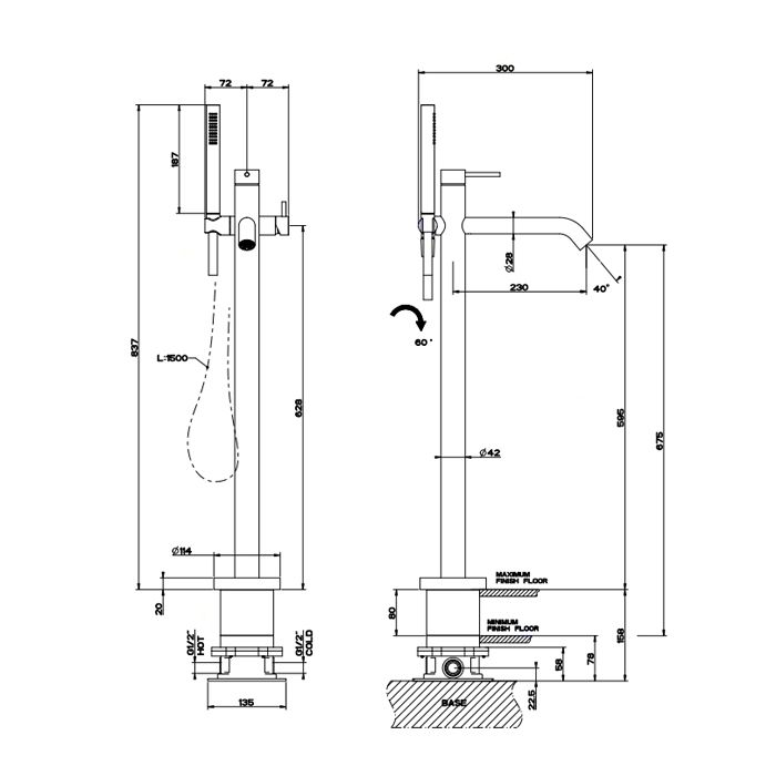 GESSI 316 Напольный смеситель для ванны с душевой лейкой (внешние части), цвет: steel brushed