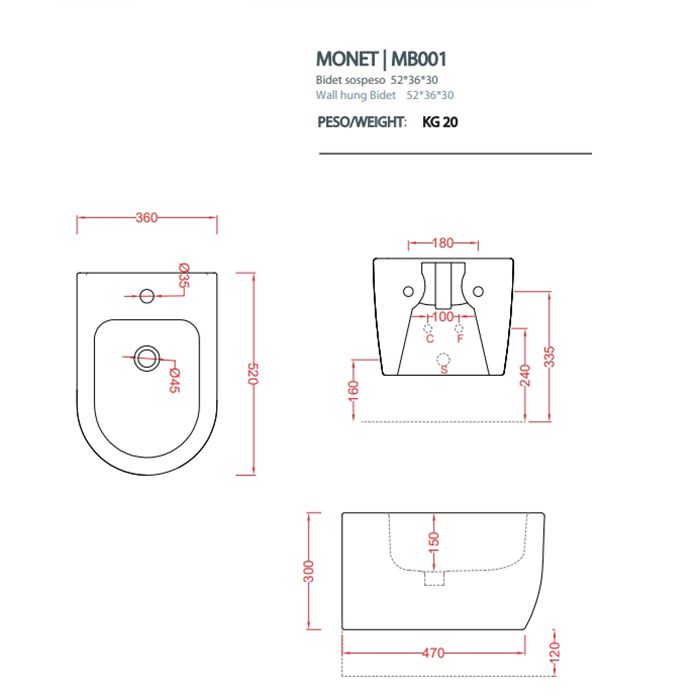 Artceram MONET Биде подвесное 36х52 см, 1 отверстие, цвет белый матовый