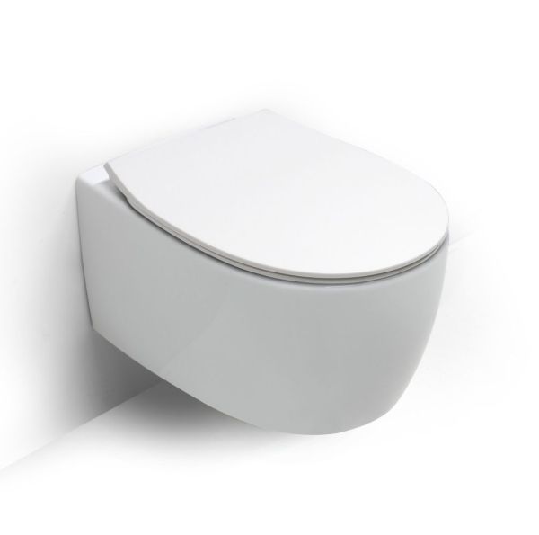 White Ceramic Basic, комплект подвесного безободкового унитаза с быстросъемным ультратонким сиденьем микролифт, цвет белый матовый