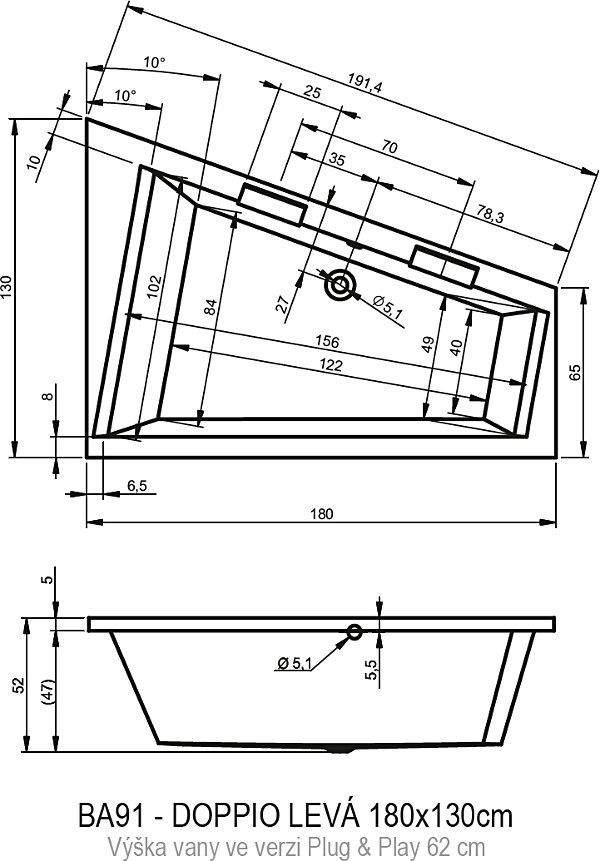 Акриловая ванна Riho Doppio 180х130 L BD4500500000000., артикул BD4500500000000