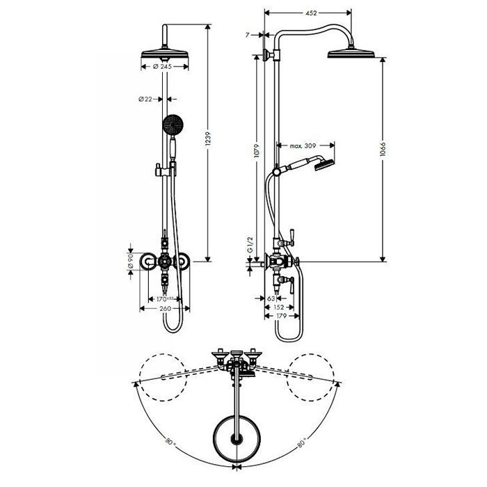 AX Montreux Душевая стойка с термостатом, верхним душем Ø240мм, 1jet, шлангом,  ручным душем, цвет: хром AX Montreux Душевая стойка с термостатом, верхним душем Ø240мм, 1jet, шлангом,  ручным душем, цвет: хром