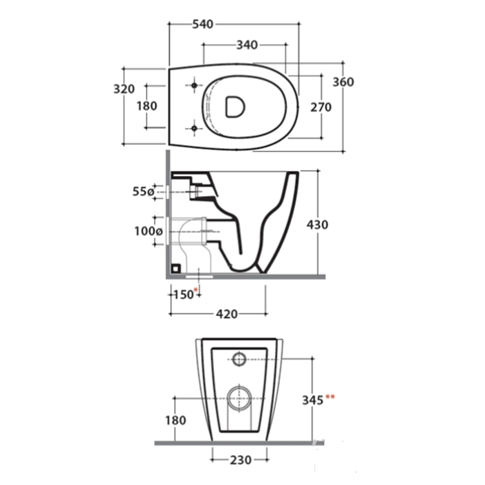 GLOBO 4ALL Унитаз приставной безободковый 54*36см, крепёж к полу в комплекте, цвет белый