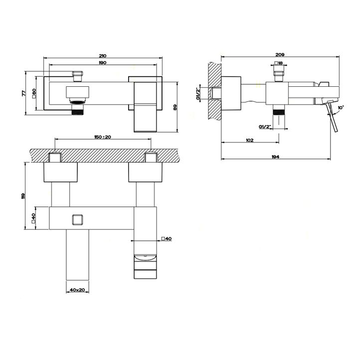 Gessi Rettangolo K Смеситель для ванны наружный, с автоматическим переключателем ванна/душ, цвет: черный