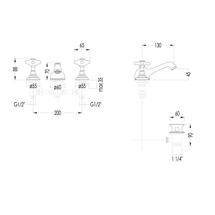 Devon&Devon WHITE ROSE Смеситель для раковины на  3 отв.,с донным клапаном,цвет золото, артикул UTWR700
