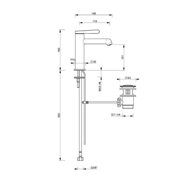 FANTINI Torino Смеситель для раковины на 1 отв, излив 12 см, с донным клапаном, хром