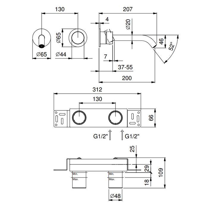 FANTINI AA/27 Смеситель для раковины настенный встраиваемый, однорычажный, внешняя часть, отделка матовая натуральная сталь