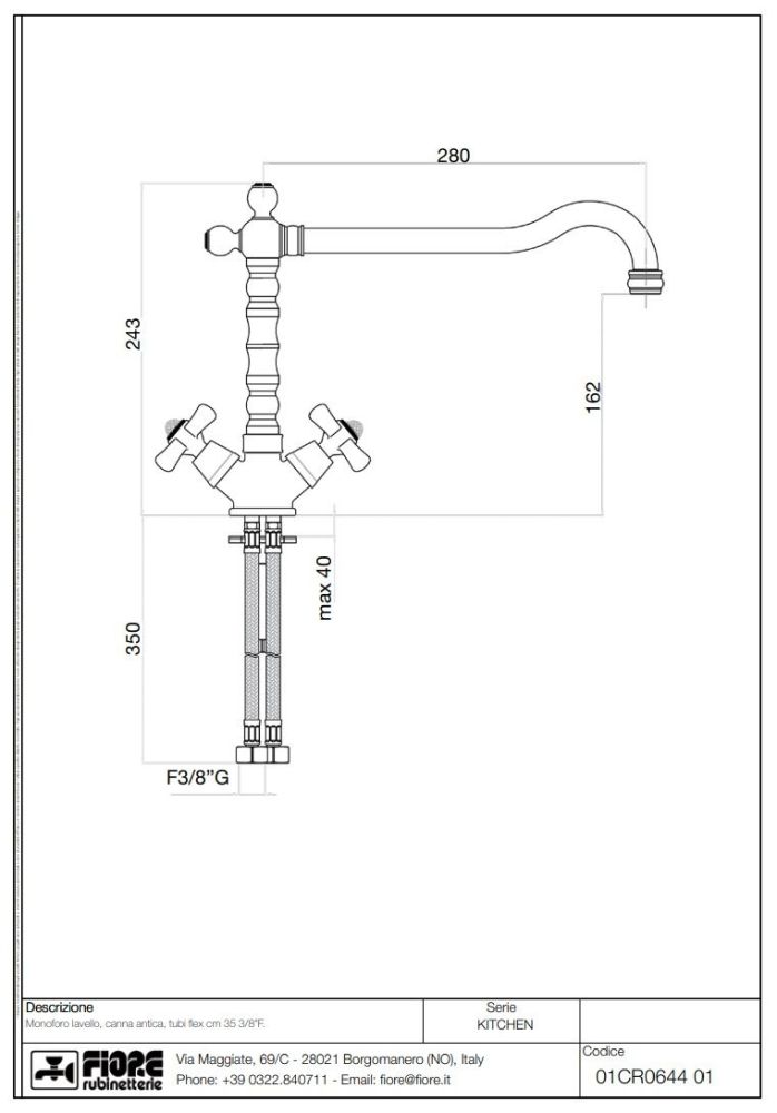 Fiore Margot Sky, двухвентильный смеситель для кухни, цвет золото - Swarovski