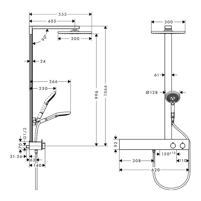 HG Raindance E Душевая система Showerpipe: верх.душ 300х300мм 1jet, ручн.душ 3jet, шланг 1,6м, термостат для душа с полкой, EcoSmart,цвет: хром HG Raindance E Душевая система Showerpipe: верх.душ 300х300мм 1jet, ручн.душ 3jet, шланг 1,6м, термостат для душа с полкой, EcoSmart,цвет: хром
