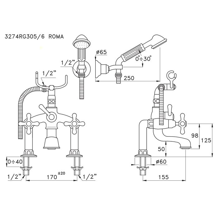 Stella Roma Смеситель на борт ванны на 2 отверстия 3274RG305/6 с ручным душем, цвет: хром