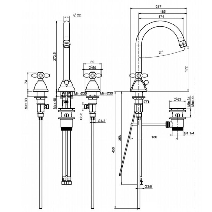 FIMA|Carlo Frattini Olivia Смеситель для раковины, на 3 отверстия, вращающийся излив, с донным клапаном, цвет хром