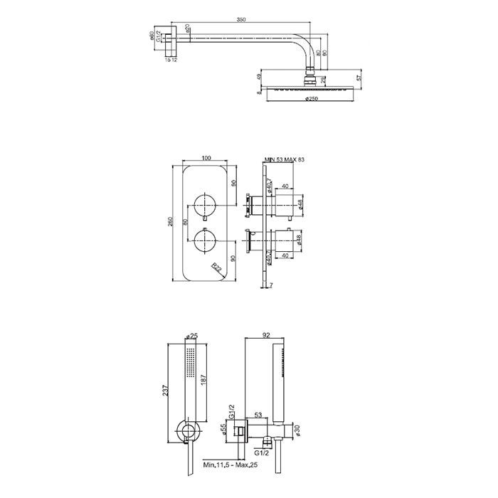 FIMA|Carlo Frattini Wellness Душевой комплект с верх душем Ø250мм, наст держ 350мм, душ компл, смес встр с пер на 2/3 источн, внутр часть, цвет хром