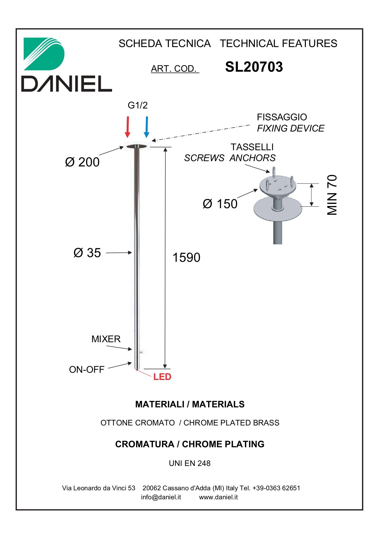 Daniel Suvi, потолочный смеситель для раковины, с подстветкой, длина 166 см, со встроенным в носик смесителем и регулятором расхода, цвет хром