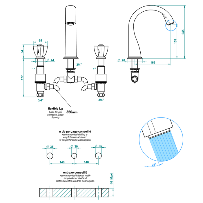 THG PETALE DE CRISTAL BLEU Смеситель на борт ванны на 3 отверстия, без ручного душа, стекло синее, цвет полированное золото