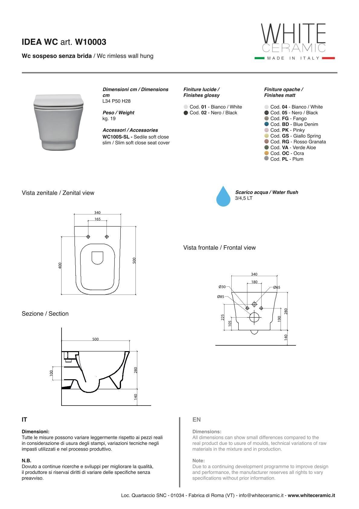 White Ceramic Idea, подвесной безободковый унитаз c крепежом, 51x35x28h см, цвет черный матовый