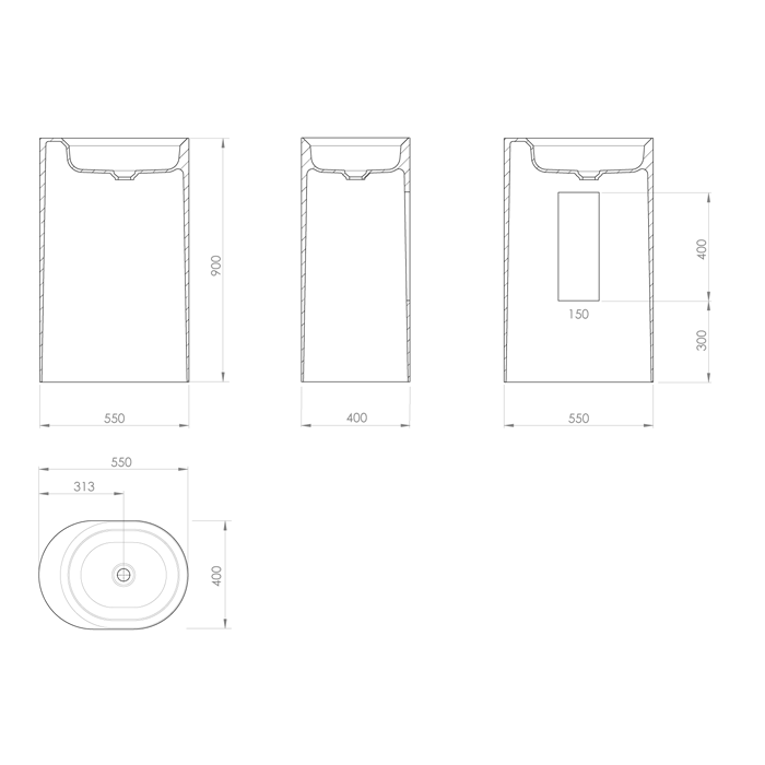 KNIEF Pearl Раковина отдельностоящая 50х40х90 см без перелива, цвет белый матовый (слив в пол)