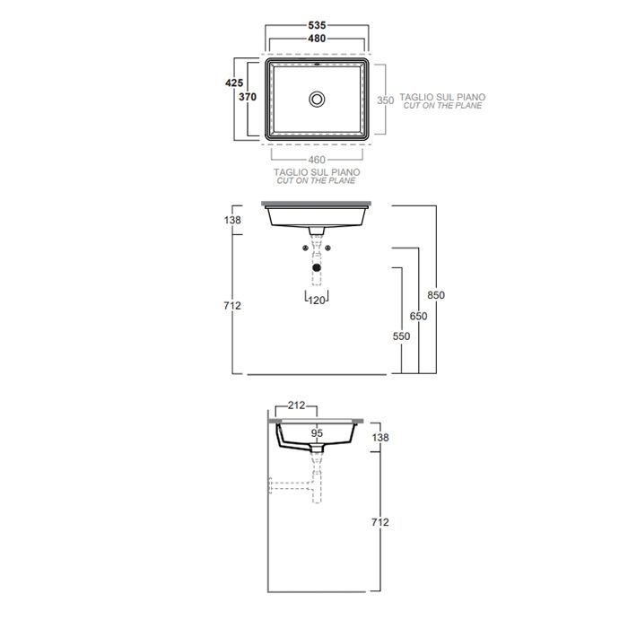 SIMAS Lavabi d'arredo Раковина встраиваемая под столешницу 48х37 см  без отв под смеситель, с переливом, цвет Cemento  matt