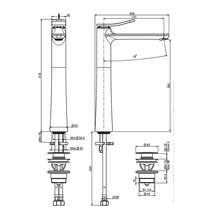 Fima Carlo Frattini Flo Смеситель на раковину, на 1 отв., высокий h:31.8см., без донного клапана, цвет: чёрный матовый