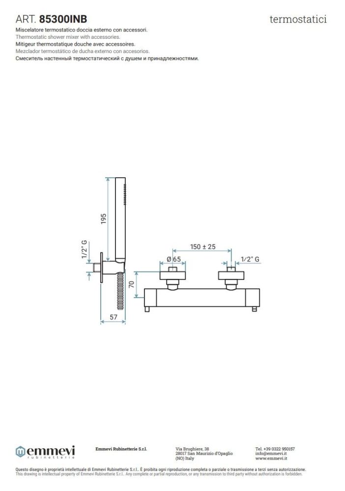 Emmevi Filoinox, однорычажный термостатический смеситель для душа c набором для душа, из нержавеющей стали, артикул 85300B/IN
