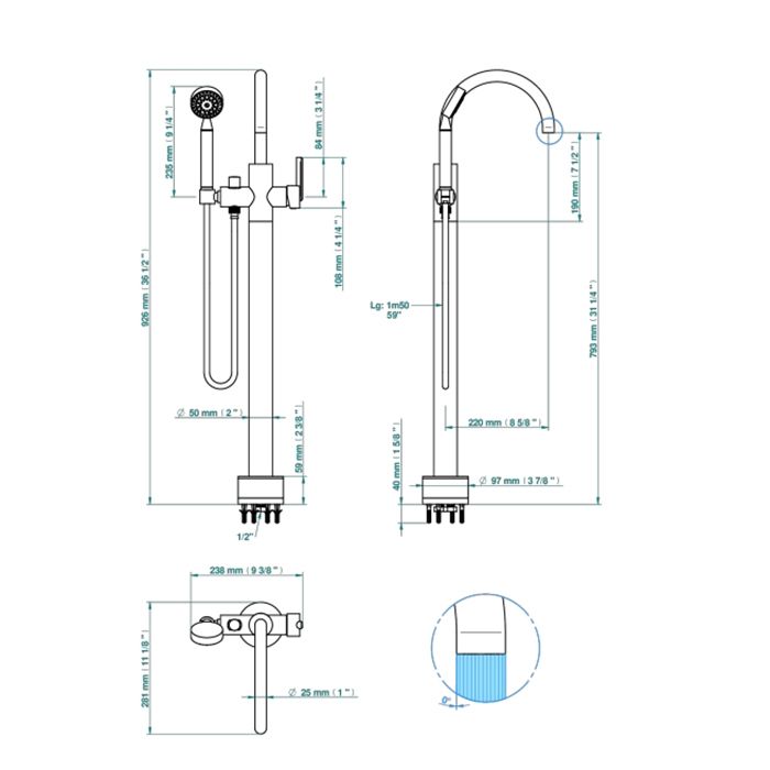 THG Les Ondes à manettes Смеситель для ванны, напольный, с ручным душем, цвет Matt nickel