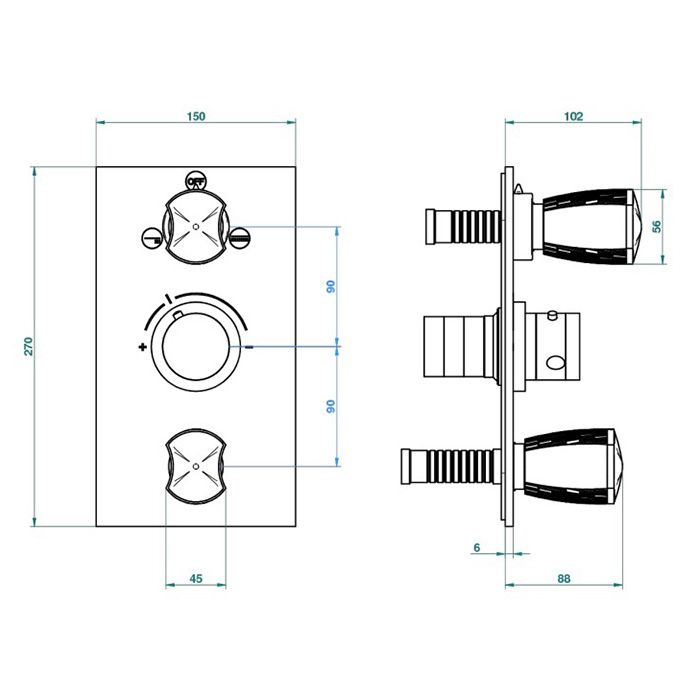THG PORCELAIN BLANCHE DECOR PLATINE Смеситель для душа встраиваемый, термостатический, с запорным вент и переключ на 2 потока, внешн часть, цвет хром