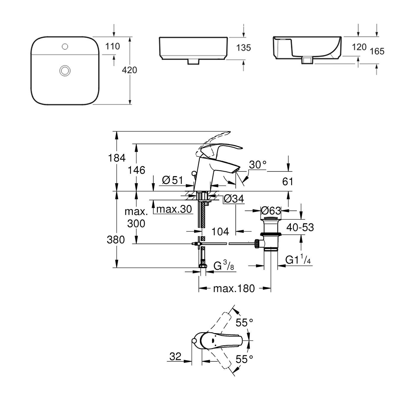 Комплект 2 в 1 Lavinia Boho Bathroom Sink Slim 21510424, накладная фарфоровая раковина 42 см, смеситель с донным клапаном