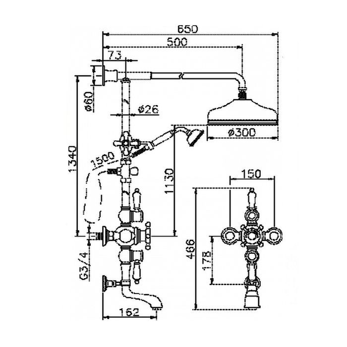 HUBER Victorian Настенная душевая система:термостат для ванны,верхний душ,ручной душ с держателем и шланг, цвет никель мат