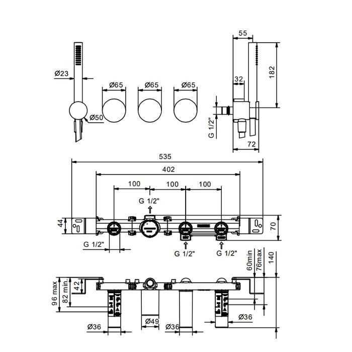Fantini AF/21 Встроенный смеситель для ванны на 2 потока, ручная лейка FIT, гибкий шланг 150 см, (наружная часть) цвет Matt Gun Metal PVD