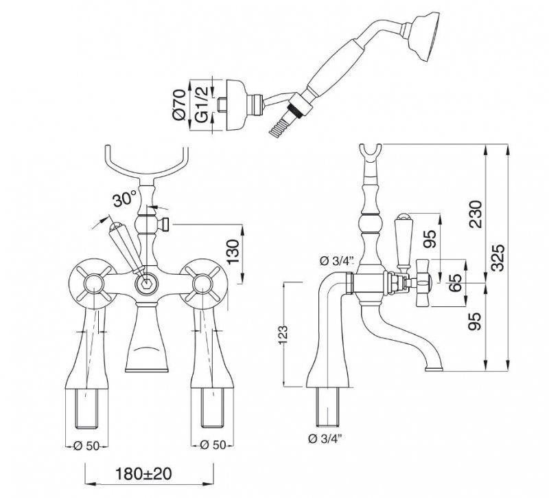 Смеситель на борт ванны с ручным душем CEZARES GOLF-PBV