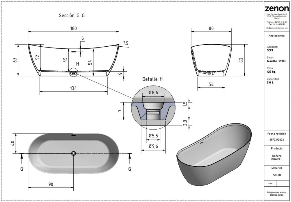 Zenon Powell, закругленная ванна из искусственного камня Solid Surface, 180x80xh63 см, цвет белый матовый, артикул 4000.000.000.000.29549