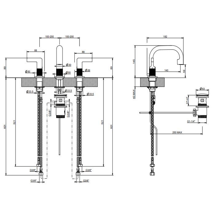 GESSI INCISO Смеситель для раковины на 3 отверстия с донным клапаном, излив 140мм, h=145мм Цвет: золото