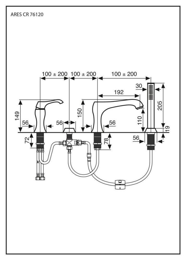 Emmevi Ares, комплект смесителя на борт ванны на 4 отверстия (излив 19,2 см), с набором для душа, цвет черный матовый