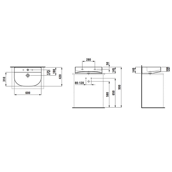 Раковина, Laufen, Sonar, ширина, мм-600, глубина, мм-420, высота, мм-145, тип установки-накладной (настольный), отверстия для смесителя-1, материал-керамика, цвет-белый
