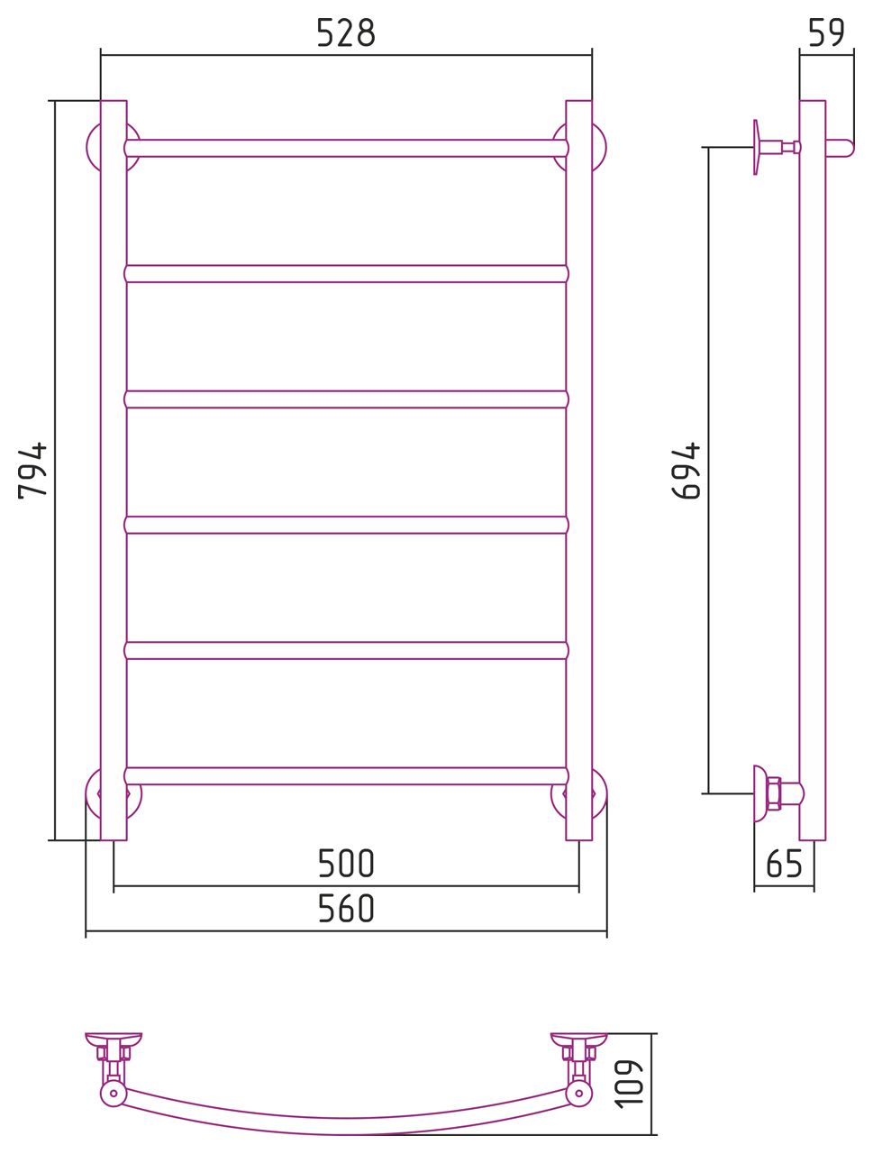 Полотенцесушитель СТИЛЬЕ "Версия-Н2" 800х500 (6) Г 18 (Без покрытия)