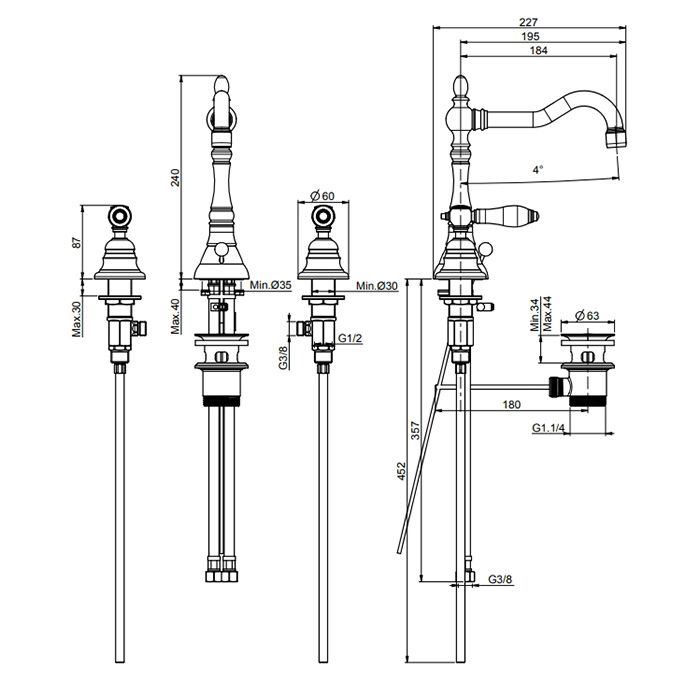 Fima Carlo Frattini Herend Смеситель для раковины, на 3 отв., с донным клапаном, цвет: золото