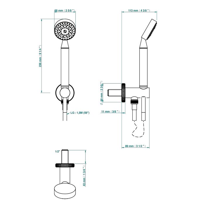 THG HIRONDELLES Душевой комплект с ручным душем, держателем с подводом воды и шлангом 1500 мм., цвет Soft gold